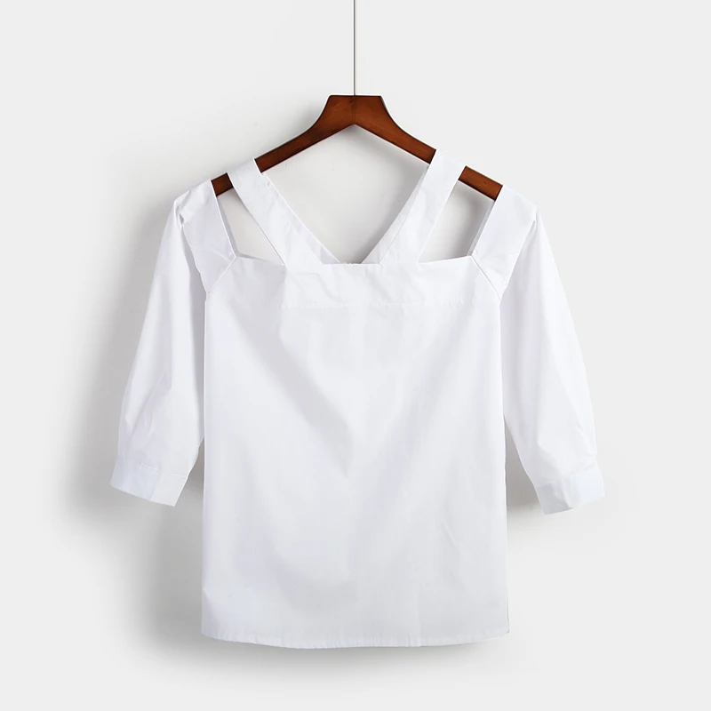 Spring Summer New Cotton White Shirt Women V Neck 3/4 Sleeve Off Shoulder Tops Blusas Back Zipper Ladies Casual Blouse 1467