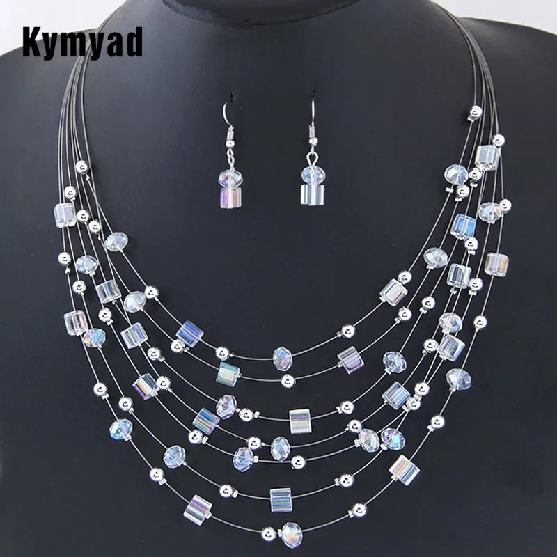 Kymyad Turkish Vintage Jewelry Sets Bohemian Crystal Multilayer African Beads Stone Jewelry Set Statement Necklace Earrings Set