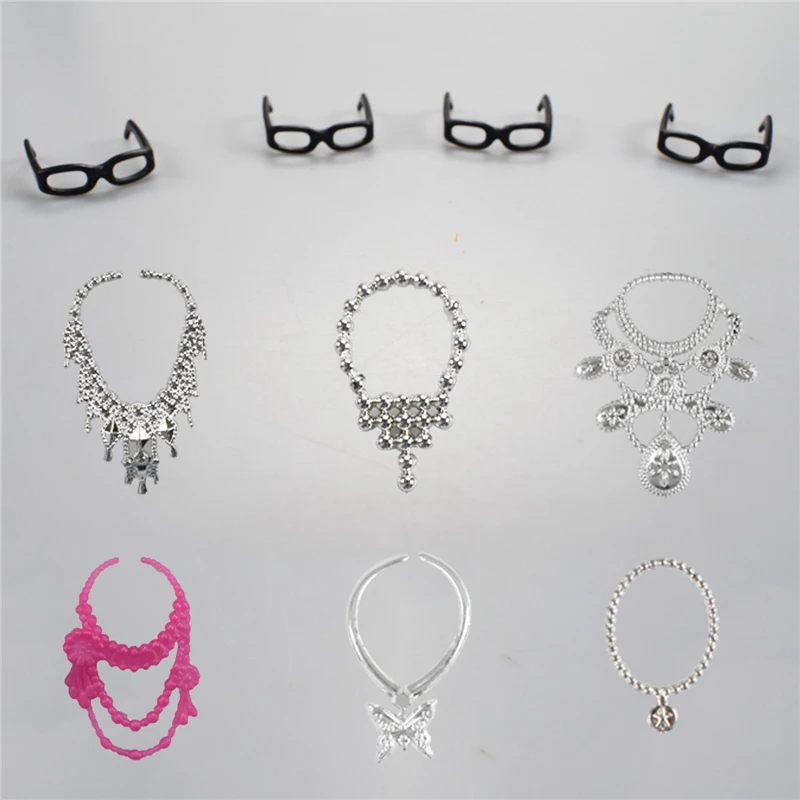 30 Item/Set Doll Accessories=10 Pcs Mixed Doll Clothes Dress+10 Pairs Doll Shoes +4 Glasses+6 Plastic Necklace for Barbie doll