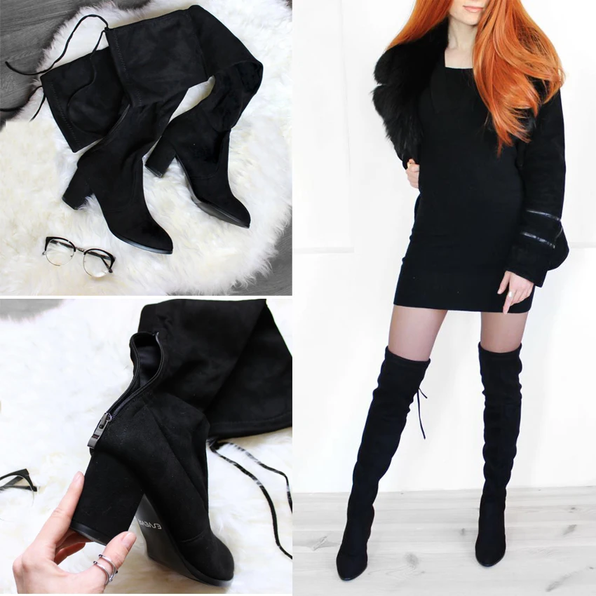 ESVEVA 2020 Over The Knee Boots Winter Round Toe Warm Women Boots Lady Short Plush + Stretch Fabric Fashion Boots Big Size 34-43