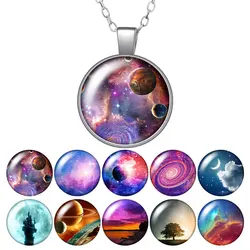 Planet Starry sky universe Photo Silver color/Bronze Pendant Necklace 25mm Glass Cabochon Girl Jewelry Birthday Gift 50cm