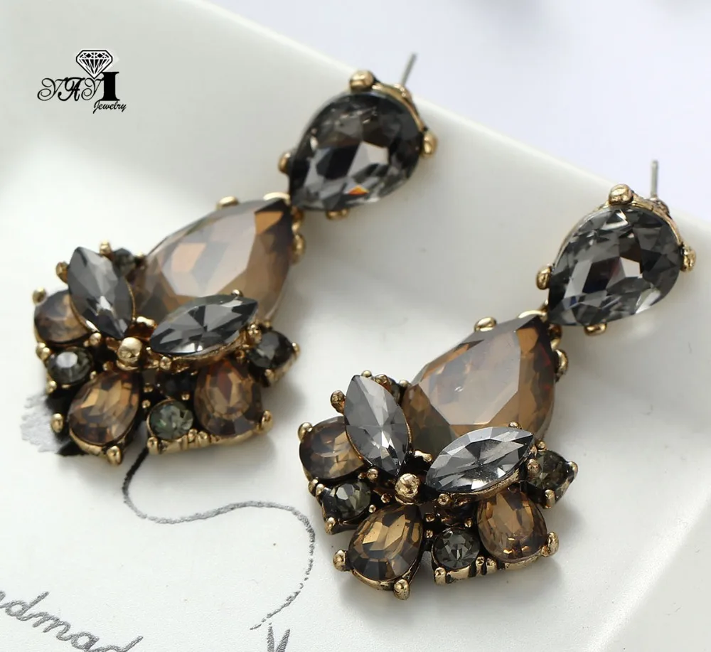 YaYi Jewelry New  Brown Glass Gray Rhinestone Dangle Crystal Earring Women\'s Fashion Ancient Gold Color Gem Earrings 1165