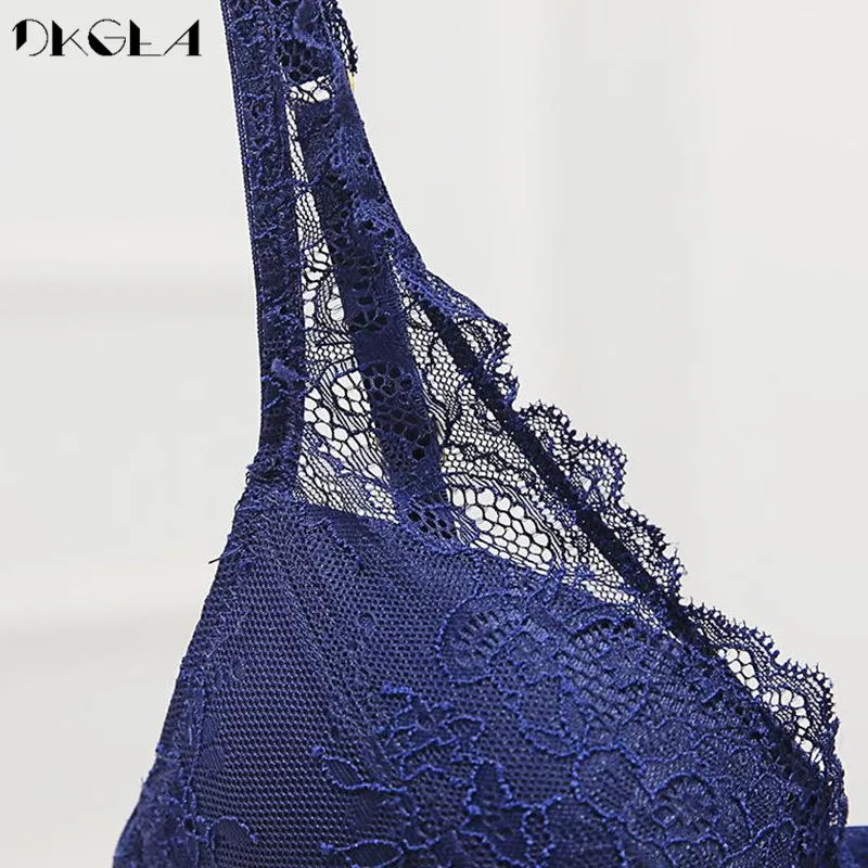 New Super Gather Blue Bras Women Lingerie Sets Embroidery Lace Sexy Underwear Set Cotton Thick Brassiere Deep V Push-Up Bra Set