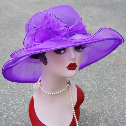 1Pcs Women Organza Fedoras Kentucky Derby Wide Brim Wedding Church Occasional Hats