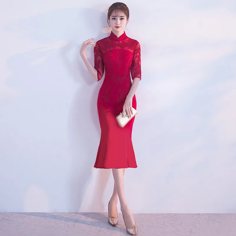 Red Half Sleeve Elegant Oriental Lady Wedding Cheongsam Traditional Chinese Bride Mermaid Dress Mandarin Collar Long Qipao