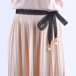 Faja hueca de encaje para mujer, Cinturón fino con perlas, cuerda para vestidos, cinturón con borlas, nudo decorado, cinta estrecha negra