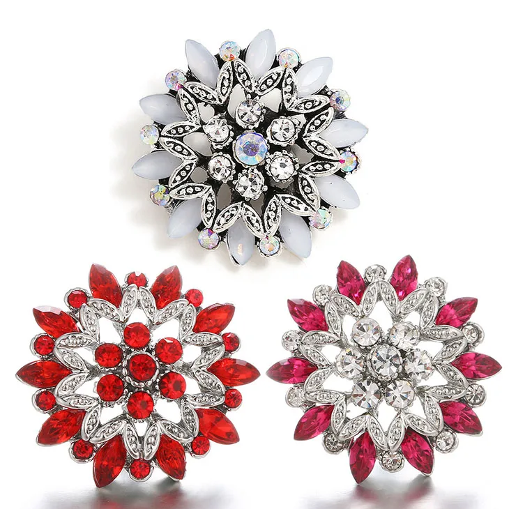 New Beauty Vintage Crystal&Red Rhinestone Flowers hollow metal 24mm snap buttons fit 18mm snap jewelry wholesale