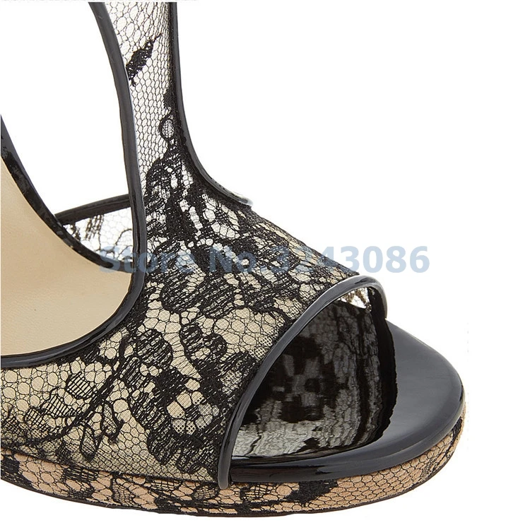 ALMUDENA New Black Lace T-Strap Thin High Heel Sandals Peep Toe Platform Women Shoes Lace Flower Banquet Shoes