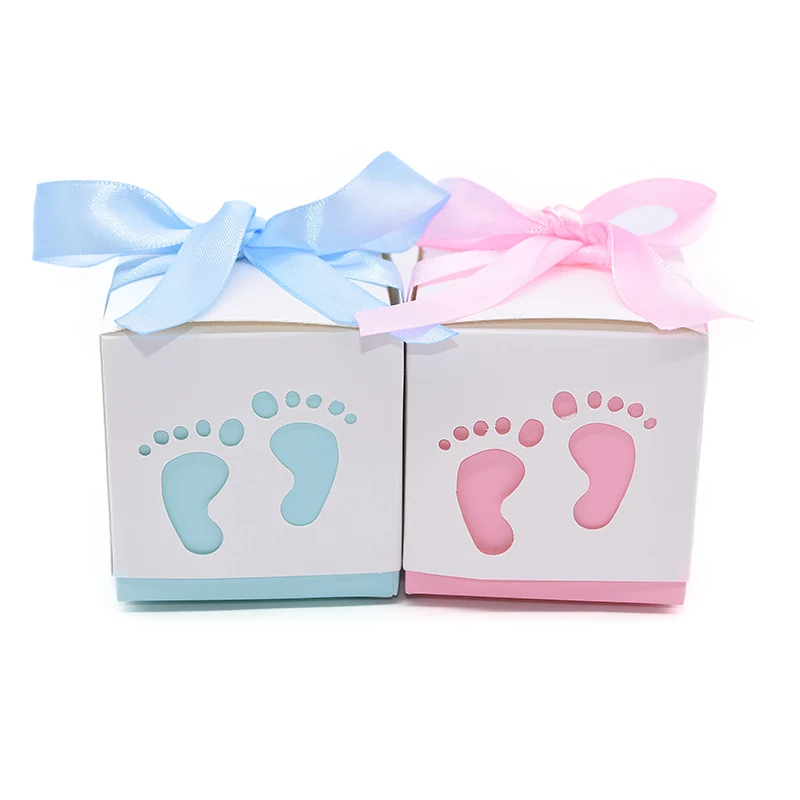 

10Pcs Cute Baby Footprint Stroller Candy Box With Satin Ribbon Baby Shower Party Gift Paper Box Boy/girl Birthday Favor Supplies