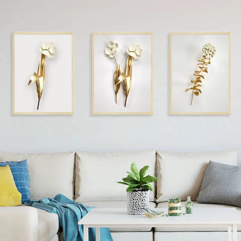 Fake Frame 3D Gold White Flower Wall Sticker Living Room Sofa Background Decoration Wallpaper For Bedroom Decor Removable Mural