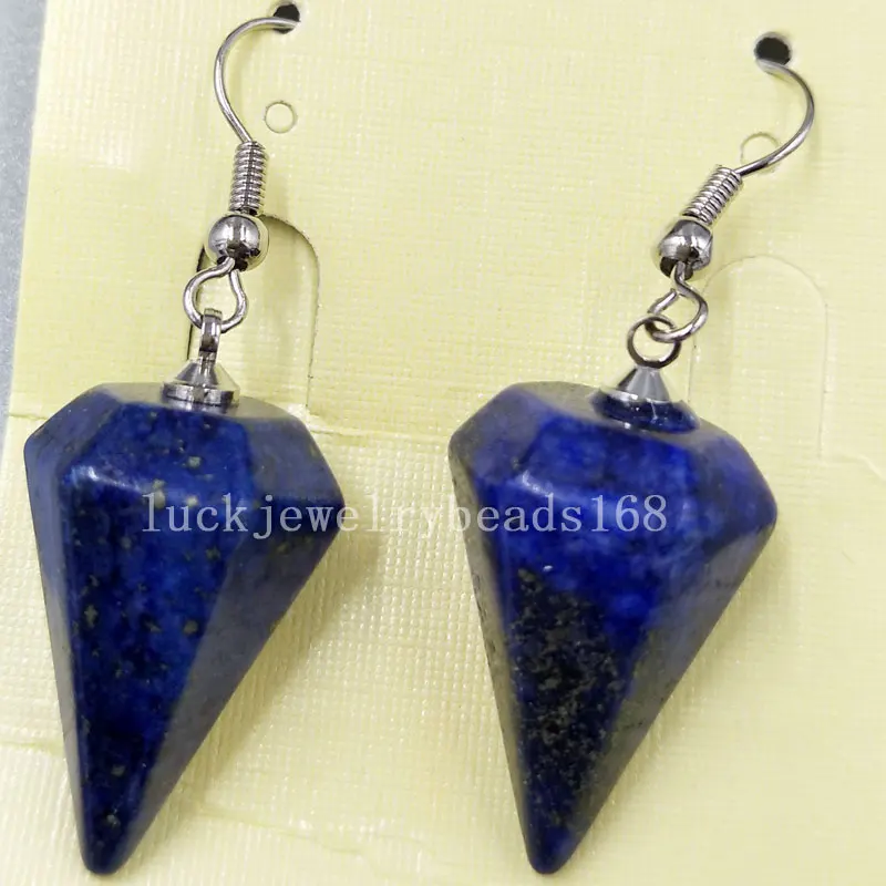 Fashion Jewelry 14x26mm Natural Lapis Lazuli Pendulum Art Women Bead Dangle Earrings Pair C5138