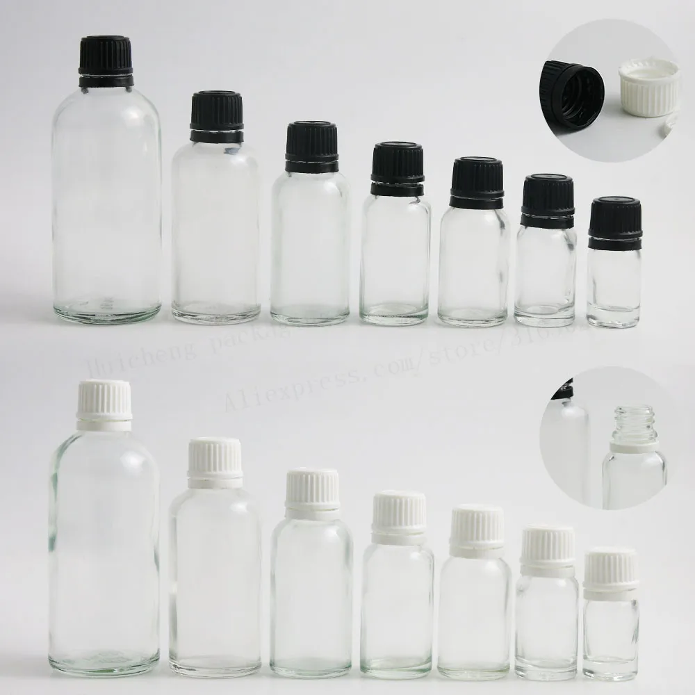 12 x Empty Clear Glass Essential Oil Container With Tamper Evident Cap PE Reducer 5ml 10ml 15ml 20ml 50ml 100ml