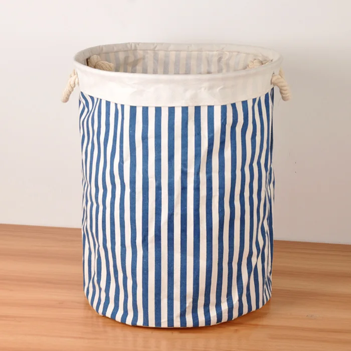 Cotton Linen Zakka Toy Storage Laundry Basket Large Capacity Blue Orange Black Stripe Zigzag With Handle Fold Bin 40x50cm