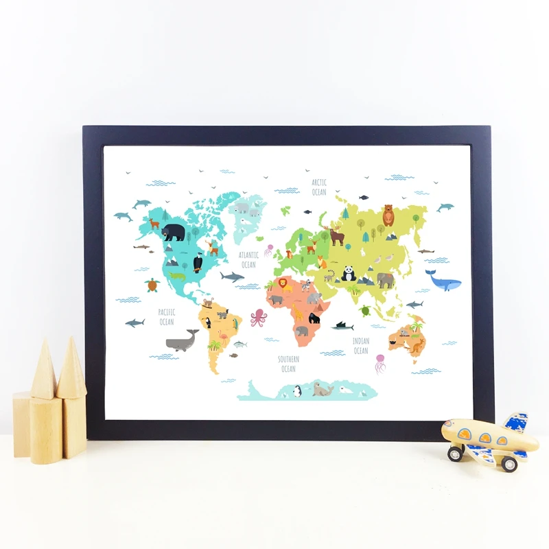 World Map with Wild Animals Prints Educational Poster Cute Cartoon Mammals Canvas Painting Nursery Picture Kids Room Wall Decor