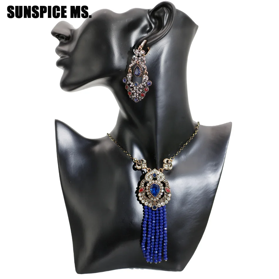 SUNSPICE MS Vintage Turkish Red Natural Stone Love Jewelry Sets Long Dangle Hook Earrings Crystal Charm Necklace Bead Tassels