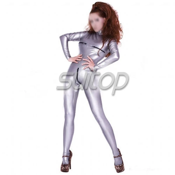 Women's Suitop  latex rubber catsuit with back zipper and bust zip attached socks