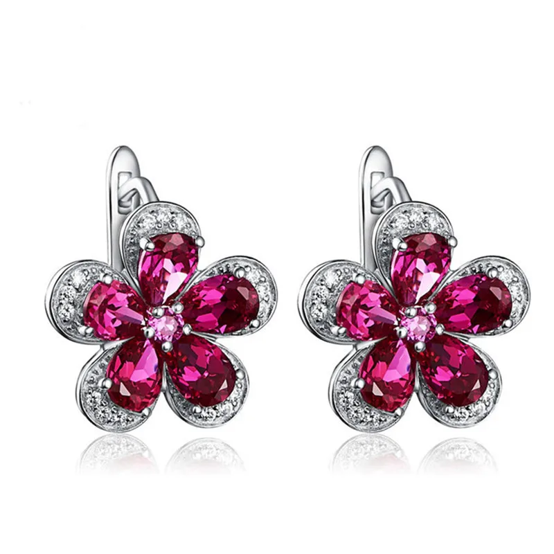 Clip Earrings For Women S925 Flower Artificial Ruby Ear Studs Vintage Bridal Wedding Brincos Fine Jewelry