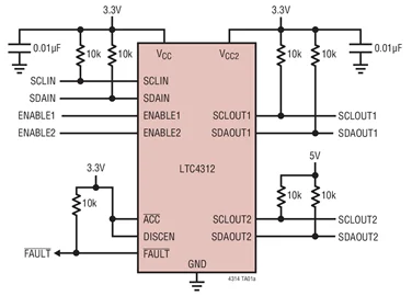 LTC4312CDE LTC4312IDE LTC4312CMS LTC4312IMS LTC4312 — контактный выключаемый, 2-канальный, 2-проводной мультиплексор с буферами шины