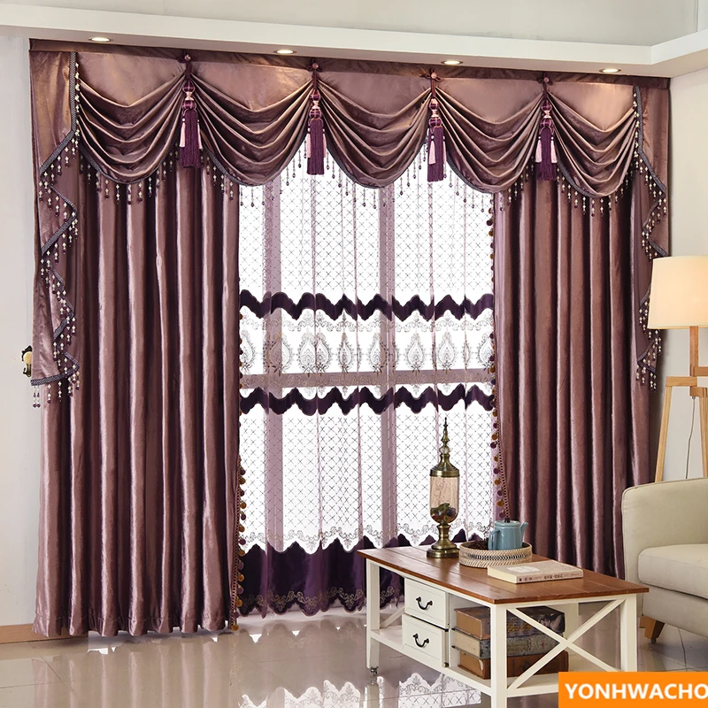 

Custom curtains Upscale European Luxury Villa Solid purple Italian velvet thick cloth blackout curtain tulle valance drapes N936