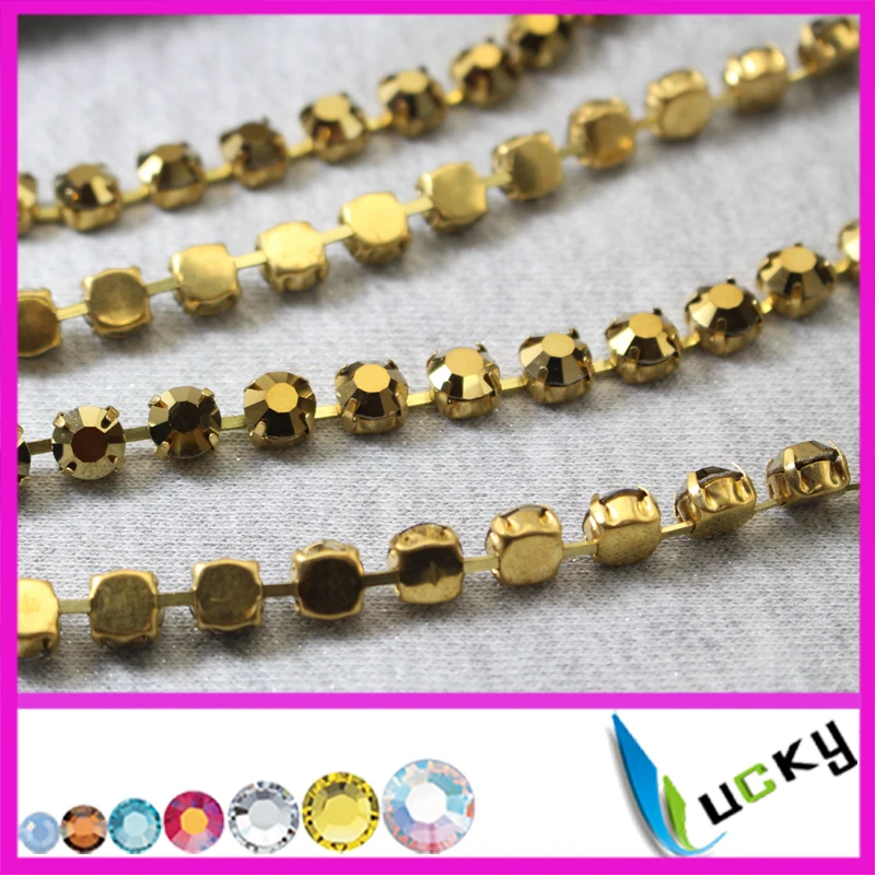 New Design! 5yards SS38 8mm raw brass rhinestone cup chain link with metallic gold crystal stones