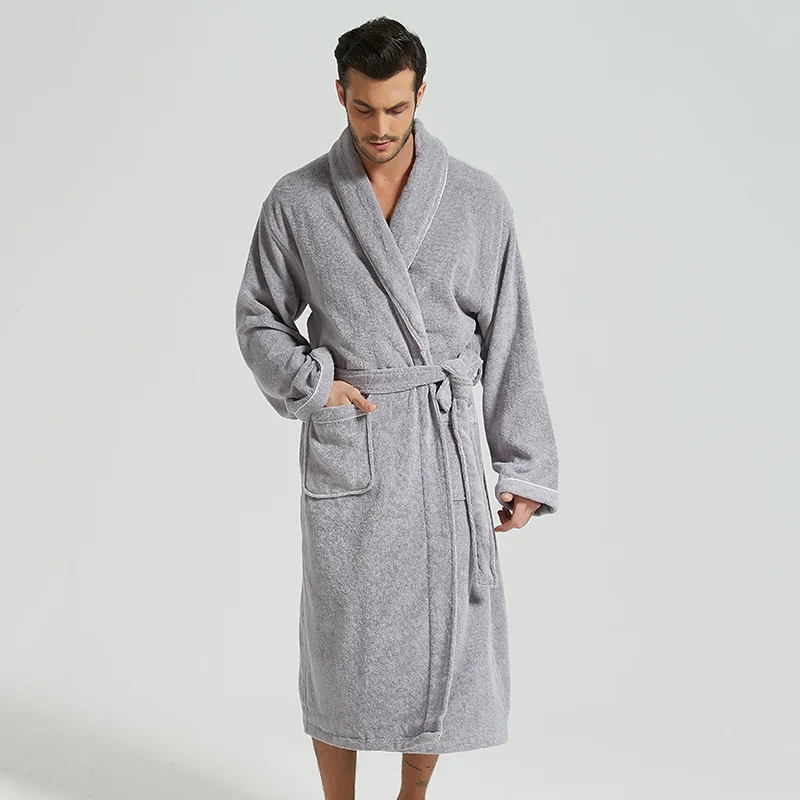 Albornoz de algodón grueso para hombre, kimono, forro polar cálido, ropa de dormir de rizo, bata larga, spa de hotel, bata de baño blanca larga, otoño