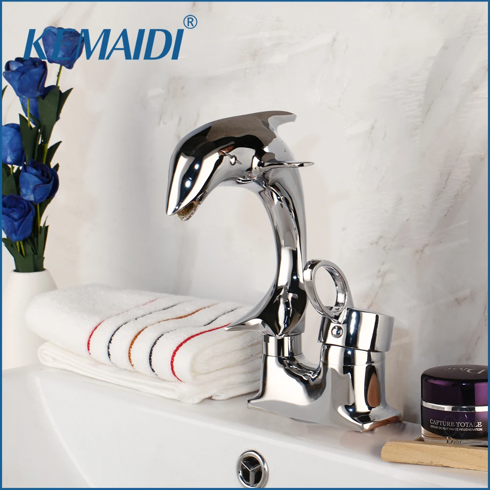 KEMAIDI Dolphin Style Bathroom Basin Sink Faucet Chrome Finish Single Handle Faucets with Hot and Cold Water  Mixer Tap