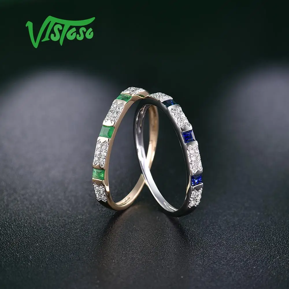 VISTOSO 14K Y/W Gold Rings For Women Genuine Shiny Diamond Fancy Blue Sapphire Emerald Engagement Anniversary Chic Fine Jewelry