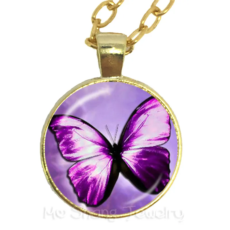 2018 New 25mm Round Crystal Gem Beauty Purple Butterfly Pendant Necklace Charm Jewelry Gift For Women Girls Kids