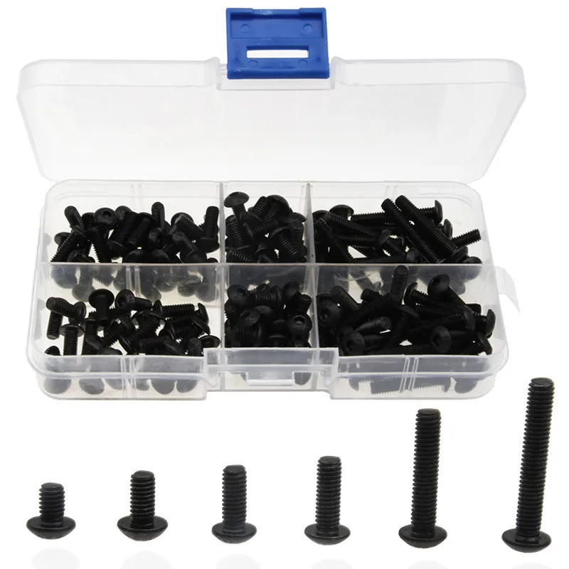 ZENHOSIT 170pcs  Hexagon Screw 304 Stainless Steel Black Round M4*6/8/10/12/20/25 For Machine Applications Kit with Plastic Box