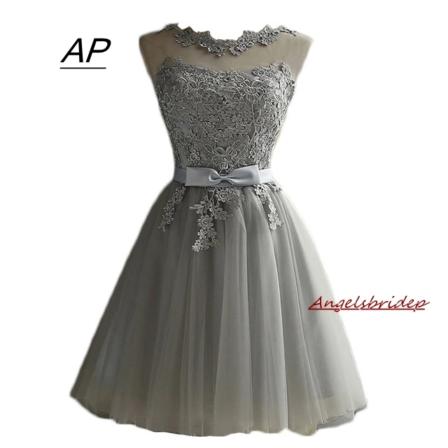 

ANGELSBRIDEP Homecoming Dress Cheap A Line Mini Graduation Dresses Sheer Neck Grey Short Prom Party Gowns Mezuniyet Elbiseleri