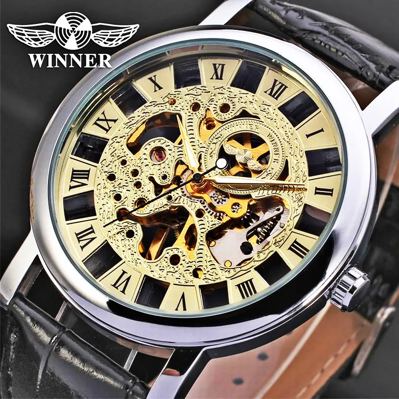 Reloj mecánico con esfera grande para hombre, pulsera automática de cuero transparente, Steampunk, winner, marca de lujo