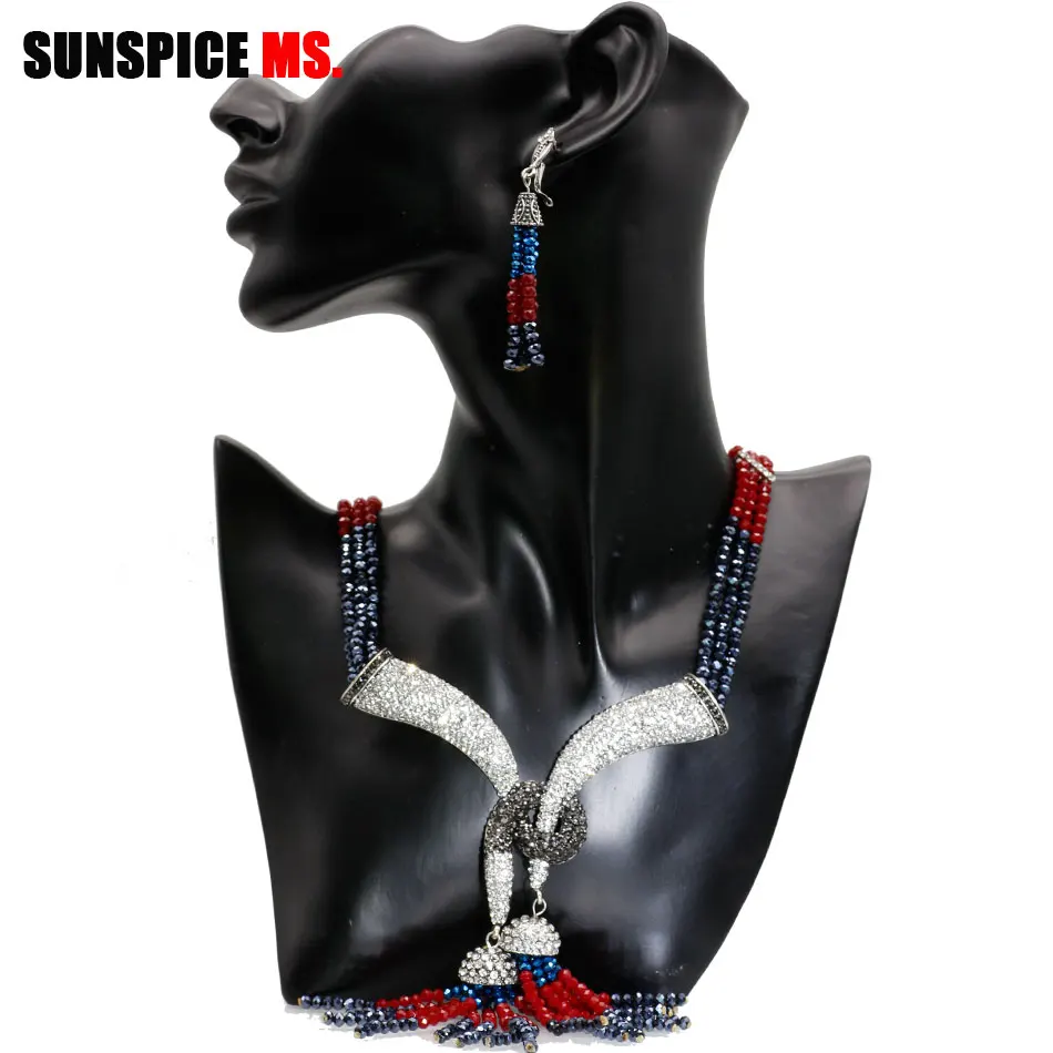 Sunspicems Vintage Turkish Bead Jewelry Set Retro Silver Color Crystal Women Choker Necklace Earring Ethnic Bride Wedding Bijoux