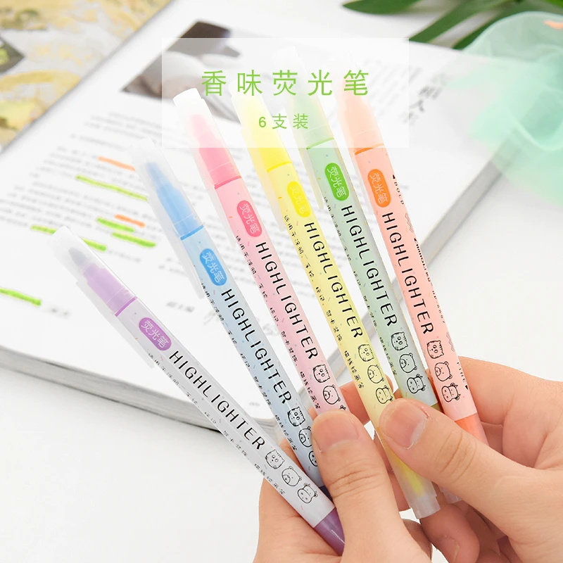 6 Colors/lot creative Candy color Double Highlighter Marker Pen set Student Graffiti Painting drawing school office supplies