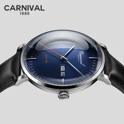 CARNIVAL High Quality MIYOTA Automatic Watch Curved Sapphire Mechanical Watches for Men Calendar Leather Waterproof Montre Homme
