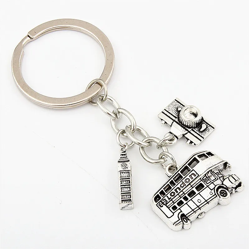 1pc London Keychain Big Ben Key Ring London Bus Charms With Camera England Gift For Traveler E1635