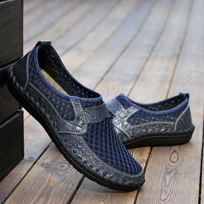 2019 Summer Breathable Mesh Shoes Mens Casual Shoes Genuine Leather Slip On Brand Fashion Summer Shoes Man Soft Comfortable