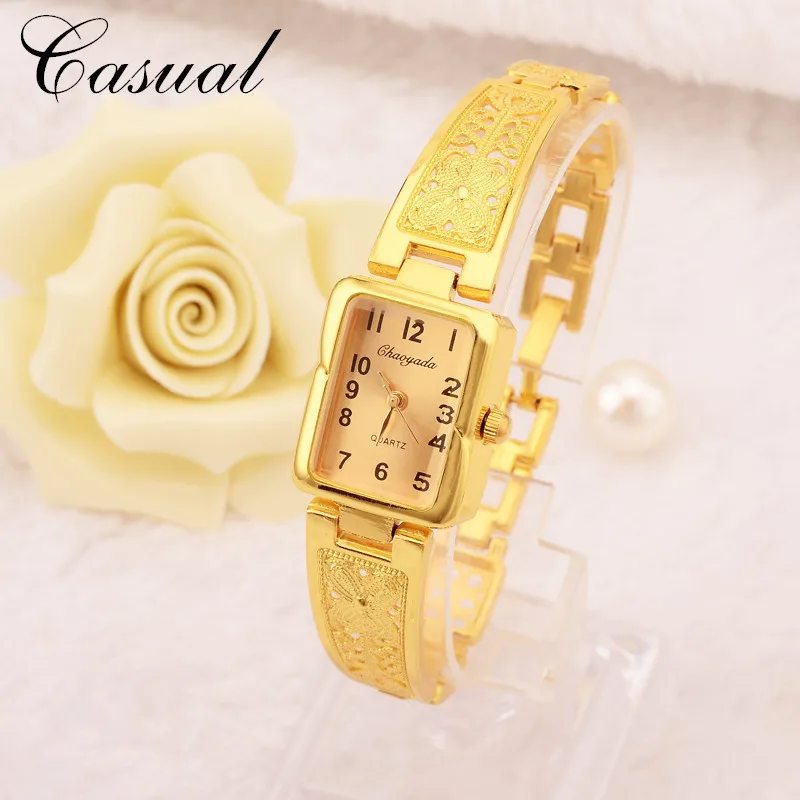 Women Vintage Luxury Gold + Silver Watches Elegant Quartz Fashion Rectangle Dial Watch Carved Pattern Bracelet Casual WristWatch