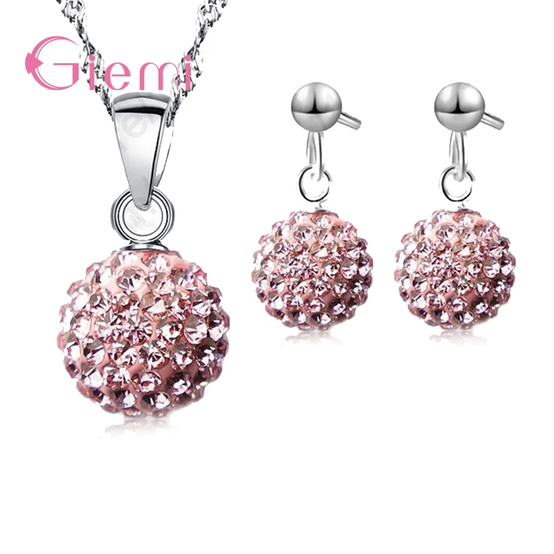 10 Color Full Pave Disco Ball Stud 925 Sterling Silver Earring Pendant Necklace Austrian Crystal Woman Jewelry Sets Gift