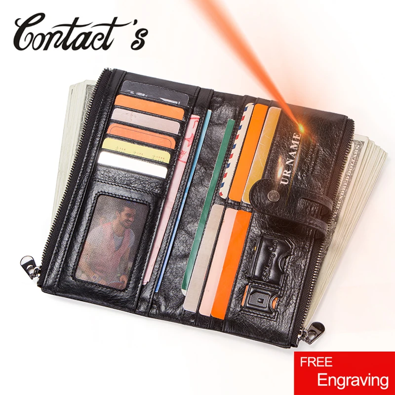 

Contact's Genuine Leather Long Wallet Men Coin Purse Male Clutch Walet With Cell Phone Bag Portomonee Card Holder Free Engrave