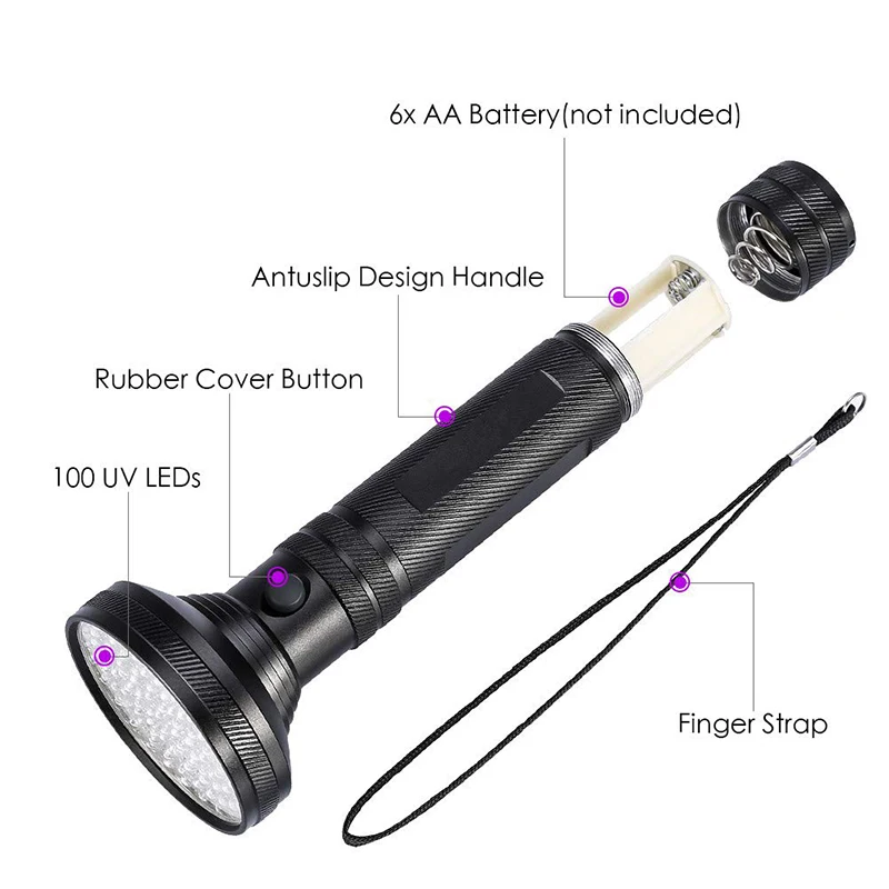 100 LED UV Blacklight Flashlight Super Bright 10 W 395 nm Violet Ultra Hand Lamp UV Torch Light For Money ,Bed Bugs, Scorpions