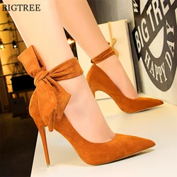 2022 New Classic Ankle Lace-Up Bowknot Woman Shoes Solid Flock Shallow High Heels Shoes Party Shoes Fashion Women Pumps 6 Colors