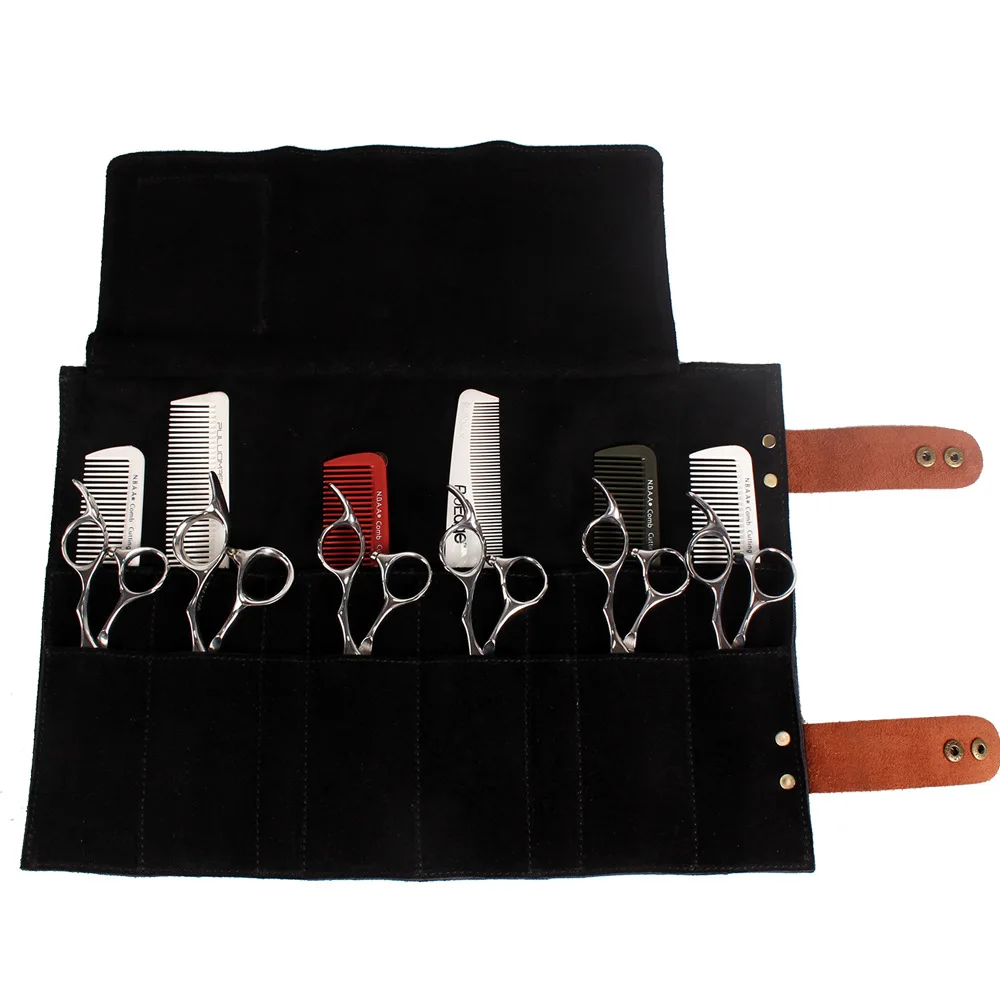 Real Leather Hair Stylist Professional Barber Scissor Pouch Cases Salon Hairdresser Scissors Tool Holster Folding Bag 12 Pockets