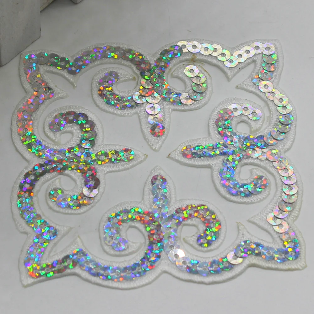 1 Piece Sequined Flower Patches Squared Iron on Applique Padded Costume Trims 9cm*9cm