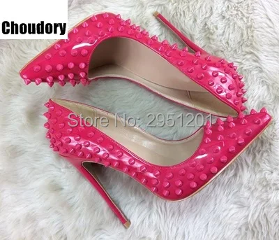 Sexy Pointed Toe High Heels Women Pumps Shoes Patent Rivets Studded Spring Stiletto Pumps Brand Wedding shoes Big Size 35-42