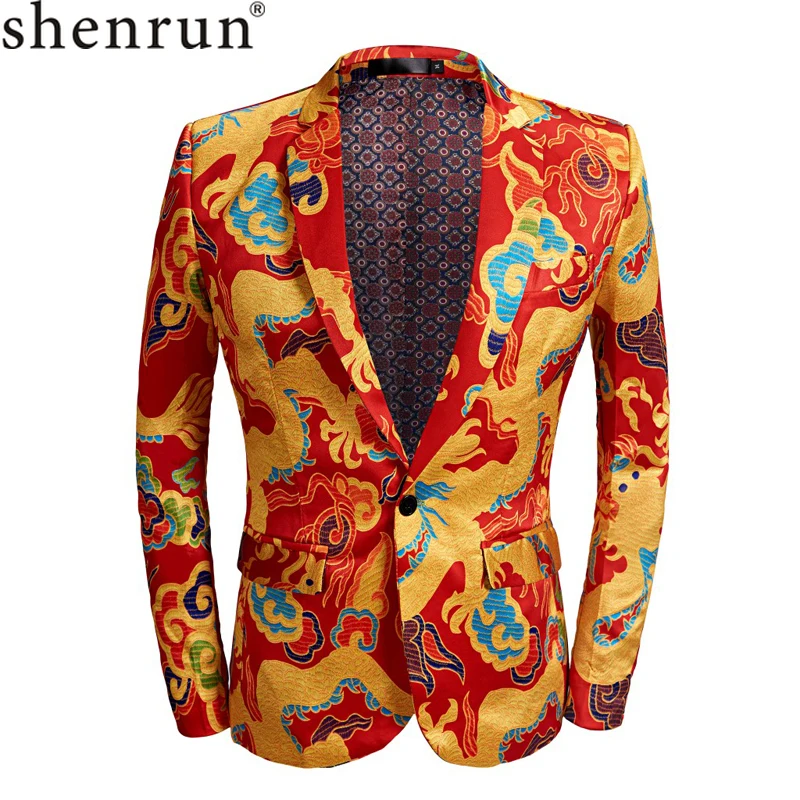 

SHENRUN Tide Men ChineseStyle Red Gold Dragon Design Casual Suit Jacket Plus Size Singer Costume Wedding Groom Prom Party Blazer