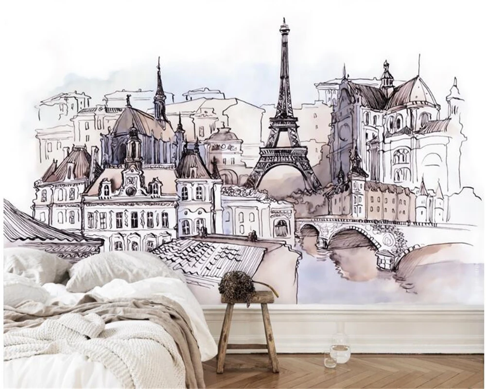 beibehang European hand-painted foreign tourism fashion stickers tower watercolor mural papier peint decoration wallpaper behang
