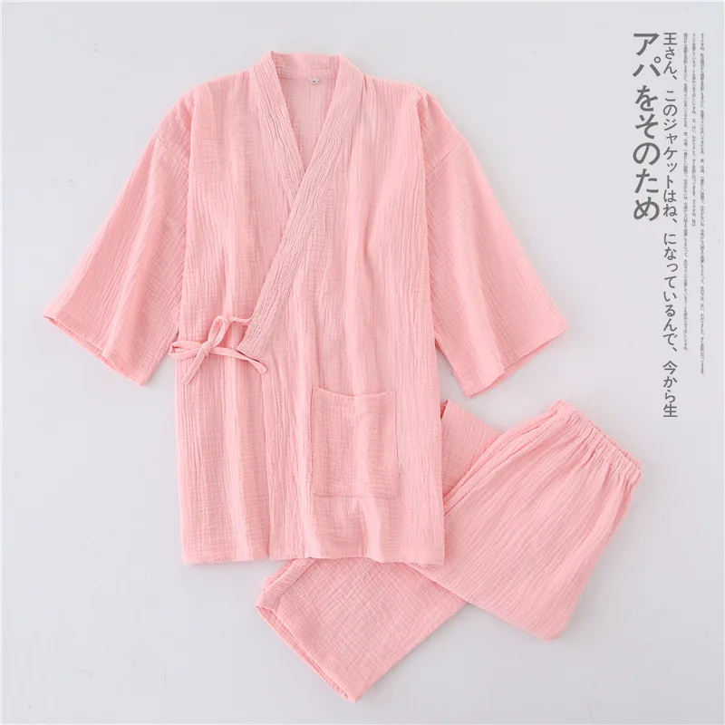 New Crepe Cotton Thin Solid Pajamas for Men and Women Short Short-sleeved Trousers Kimono Pijamas Suit Summer Sleepwear Pj Set