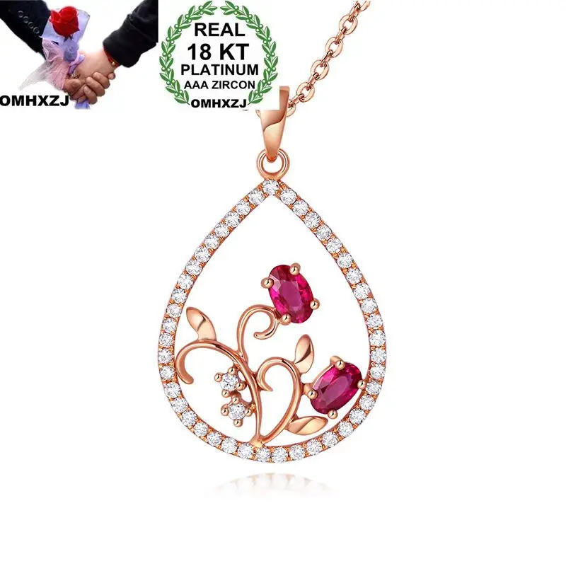 

OMHXZJ Wholesale European Fashion Woman Girl Party Wedding Gift Flower Ruby Zircon 18KT Rose Gold Necklace Pendant Charm CA183