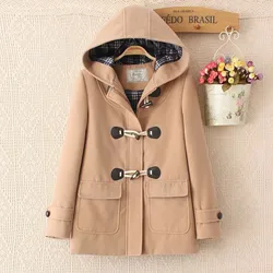 New 2020 Long Woolen Coat Turn Down Horn Button Hooded Long Woolen Women Jacket College Wind Winter Windproof Warm Coat Women