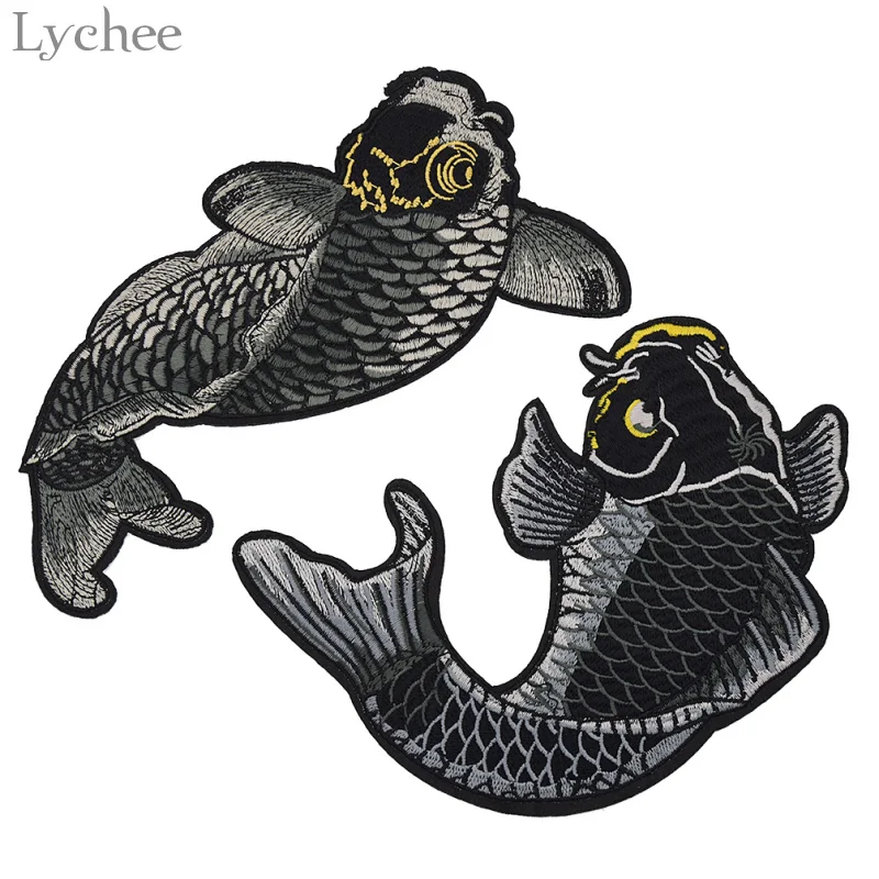 Lychee Life 1Set Koi Fish Embroidered Patches Embroidered Iron On Patch For Clothing Applique DIY Handmade Sewing Accessory